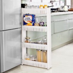 4 layer space saving storage organizer rack shelf with wheels for kitchen, bathroom, bedroom - white color