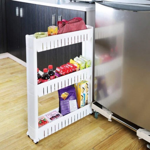 plastic 3 layer space saving storage organizer rack shelf with wheels for home, kitchen, bathroom, bedroom