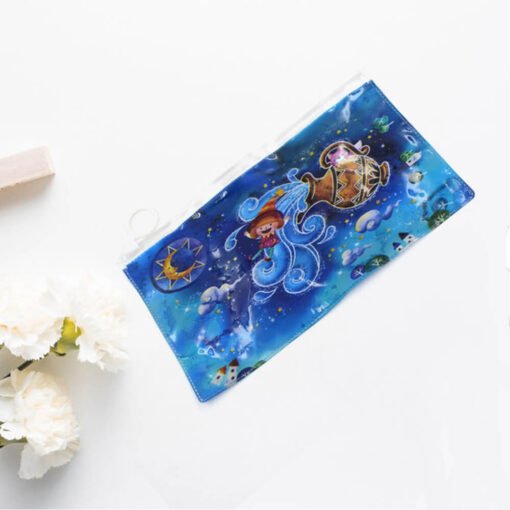 blue color fancy printed plastic stationery carrying pouch for students