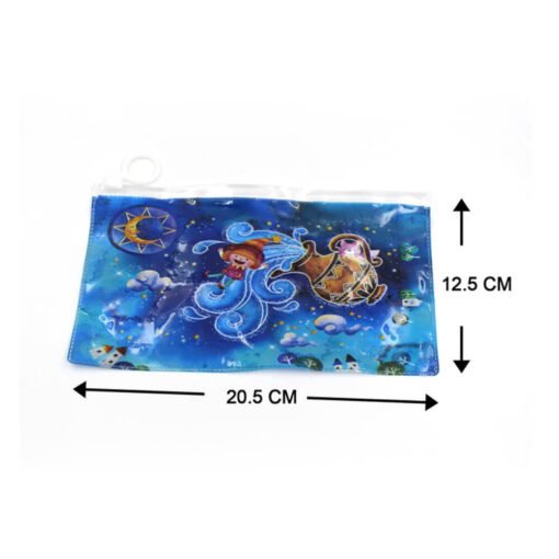 size dimension of blue color plastic printed pouch for carrying stationery items