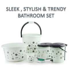Ganesh 6 piece plastic stylish & trendy bathroom set package contents 1N Bucket (20ltr), 1N Basin (20ltr), 1N Mug (1ltr), 1N Paddle Bin, 1N Bath Stool, 1N Soap Case