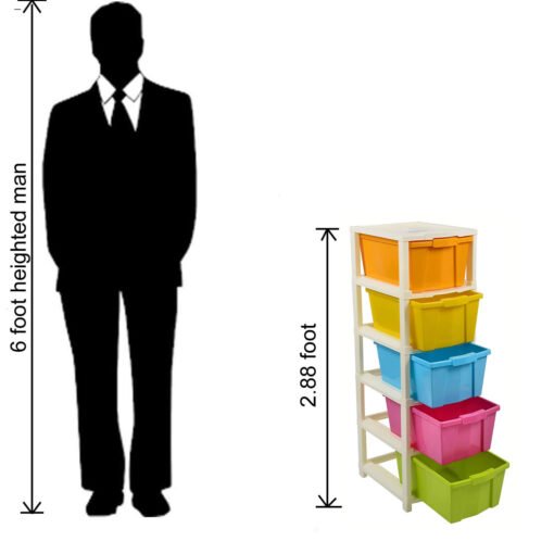 height comparison between man and 5 compartment plastic storage drawer system