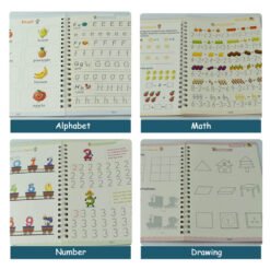 4 piece set of math, alphabet, drawing, number notebook for handwriting improvement practice reusable