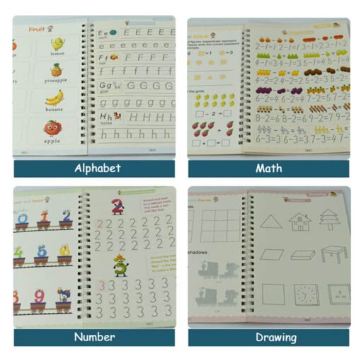 4 piece set of math, alphabet, drawing, number notebook for handwriting improvement practice reusable