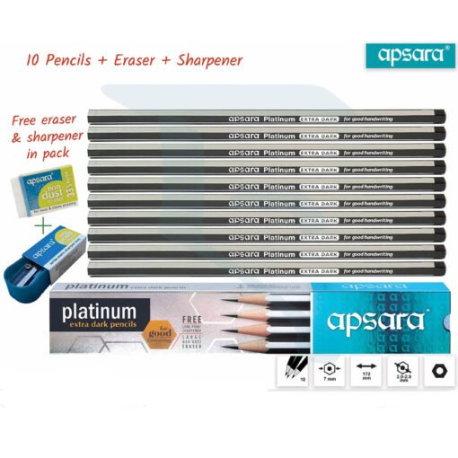 Buy online Apsara platinum extra dark pencils box of 10 piece pencil with sharpner and eraser