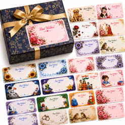 Self adhesive gift hamper box packing sticker with multiple themes and prints