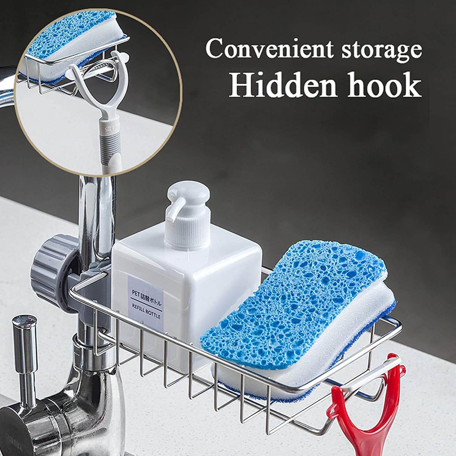 Kitchen Stainless steel sink faucet sponge soap holder with hanging hook
