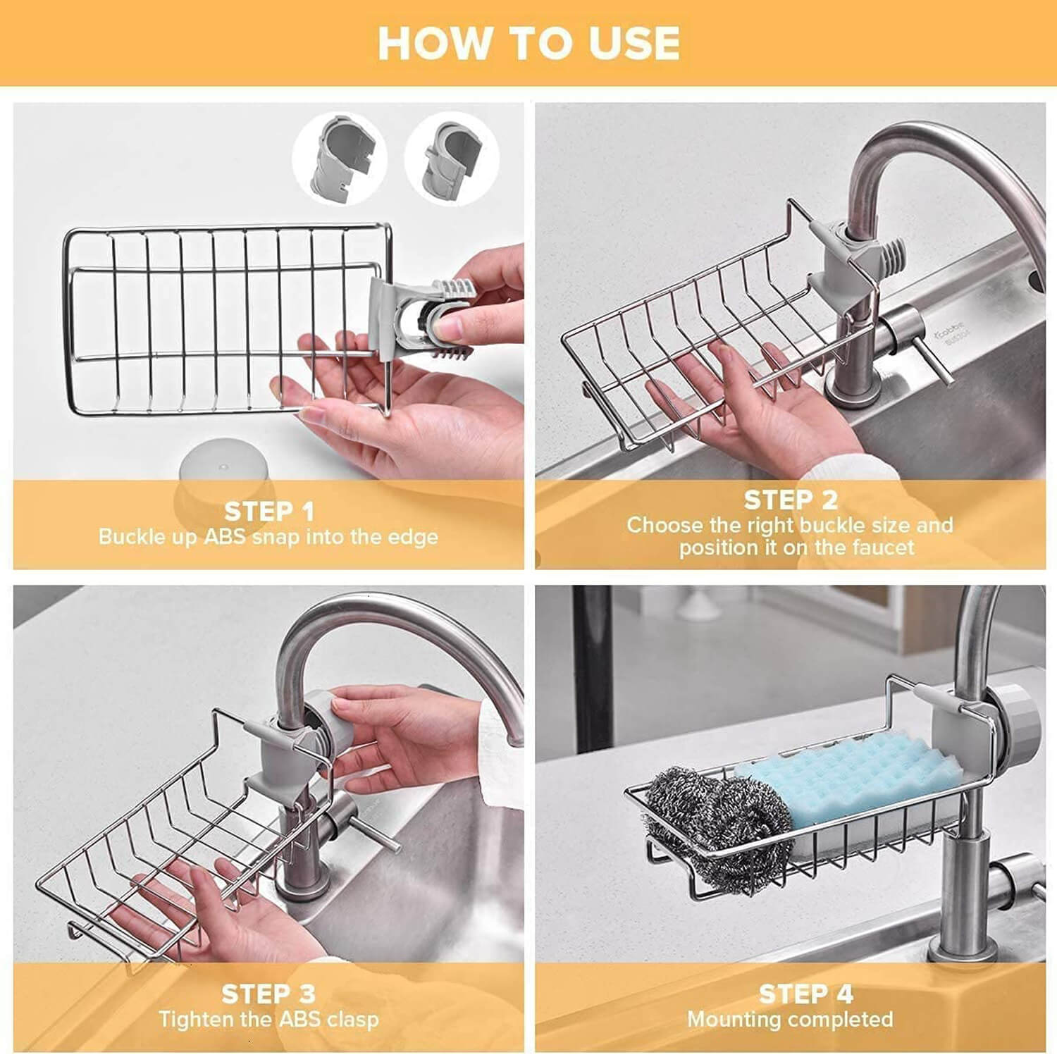 how to install stainless steel kitchen sink faucet cleaning soap sponge holder stand for kitchen & bathroom tap
