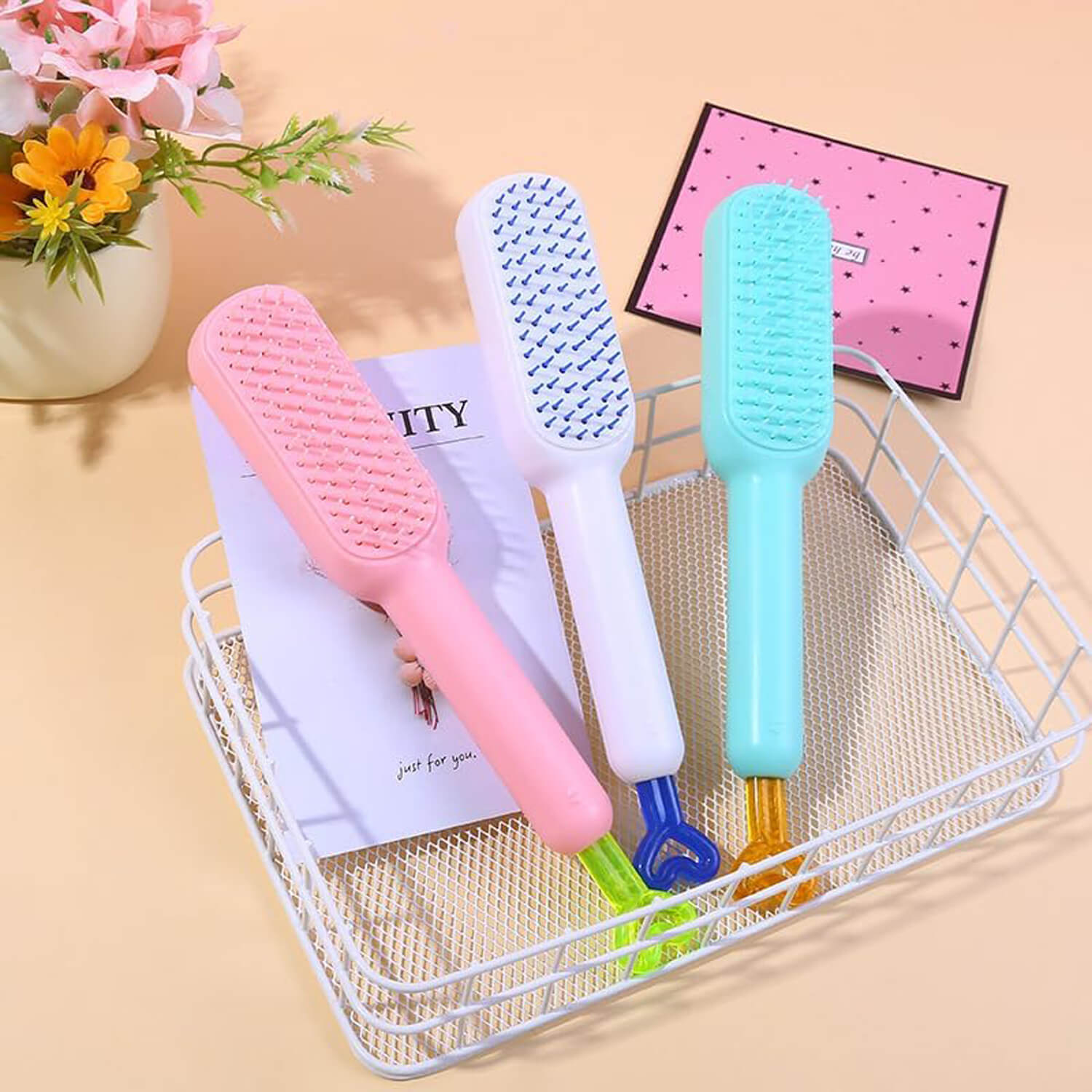 colorful best quality self cleaning hair comb, hairbrush, massage comb