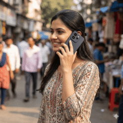 A girl is on call by using Mi Redmi Note 14 5G mobile with Hooxar silicone back cover